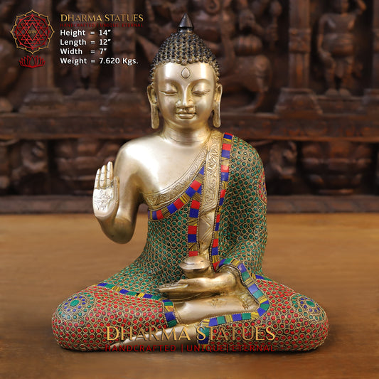Brass Buddha seated, Blessing Position, Golden & Stonework, 14"