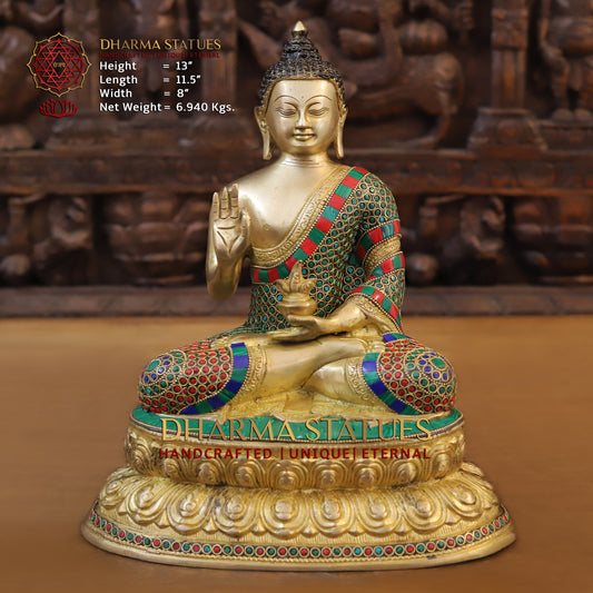 Brass Buddha seated, Blessing Position, Golden & Stonework, 13"