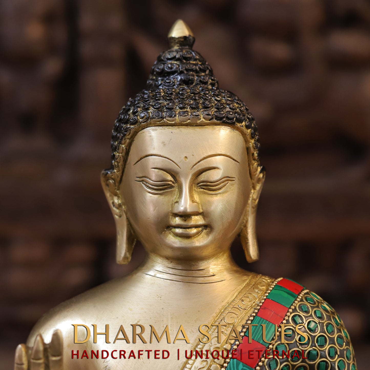 Brass Buddha seated, Blessing Position, Golden & Stonework, 13"