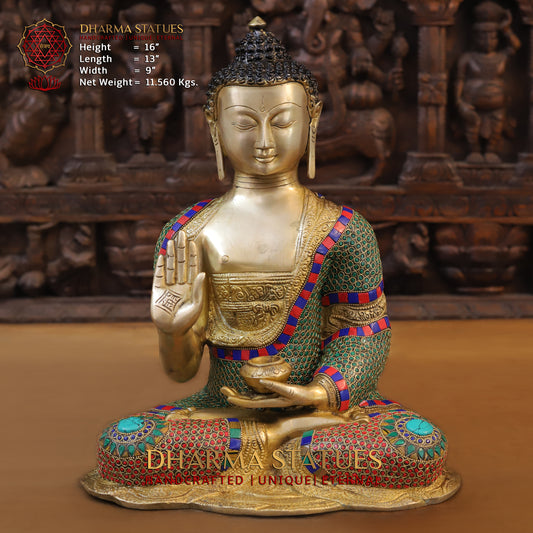 Brass Buddha seated, Blessing Position, Golden & Stonework, 16"
