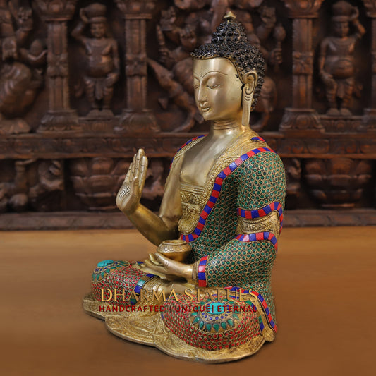 Brass Buddha seated, Blessing Position, Golden & Stonework, 16"