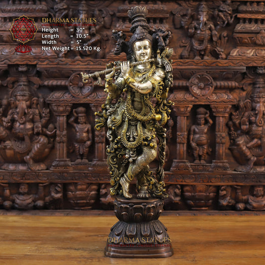 Brass Krishna Playing Flute, Golden & Copper Finish, 30"