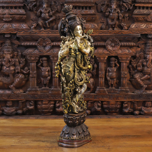 Brass Krishna Playing Flute, Golden & Copper Finish, 30"