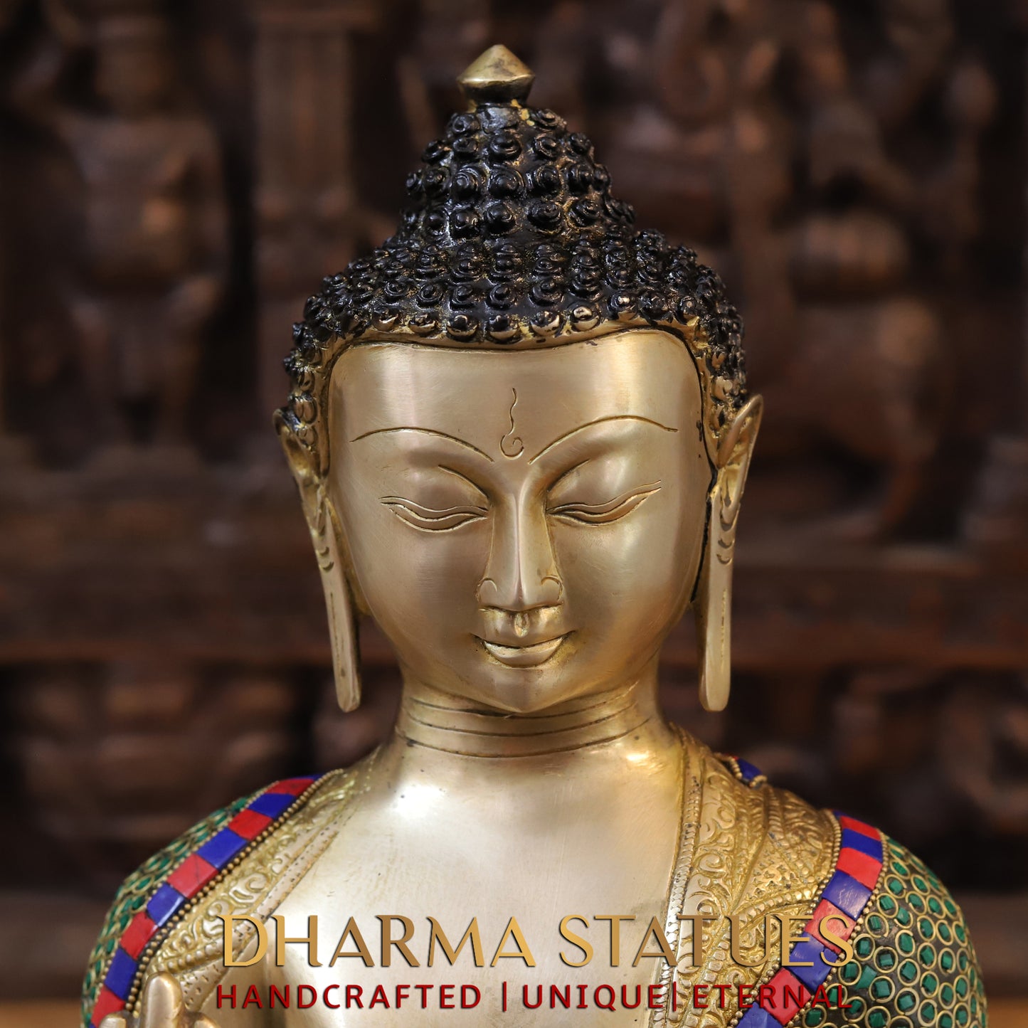 Brass Buddha seated, Blessing Position, Golden & Stonework, 16"