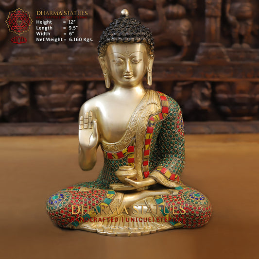 Brass Buddha seated, Blessing Position, Golden & Stonework, 12"