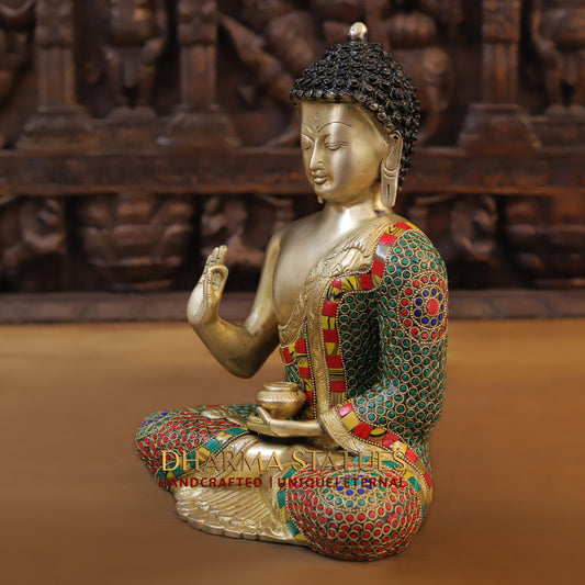 Brass Buddha seated, Blessing Position, Golden & Stonework, 12"