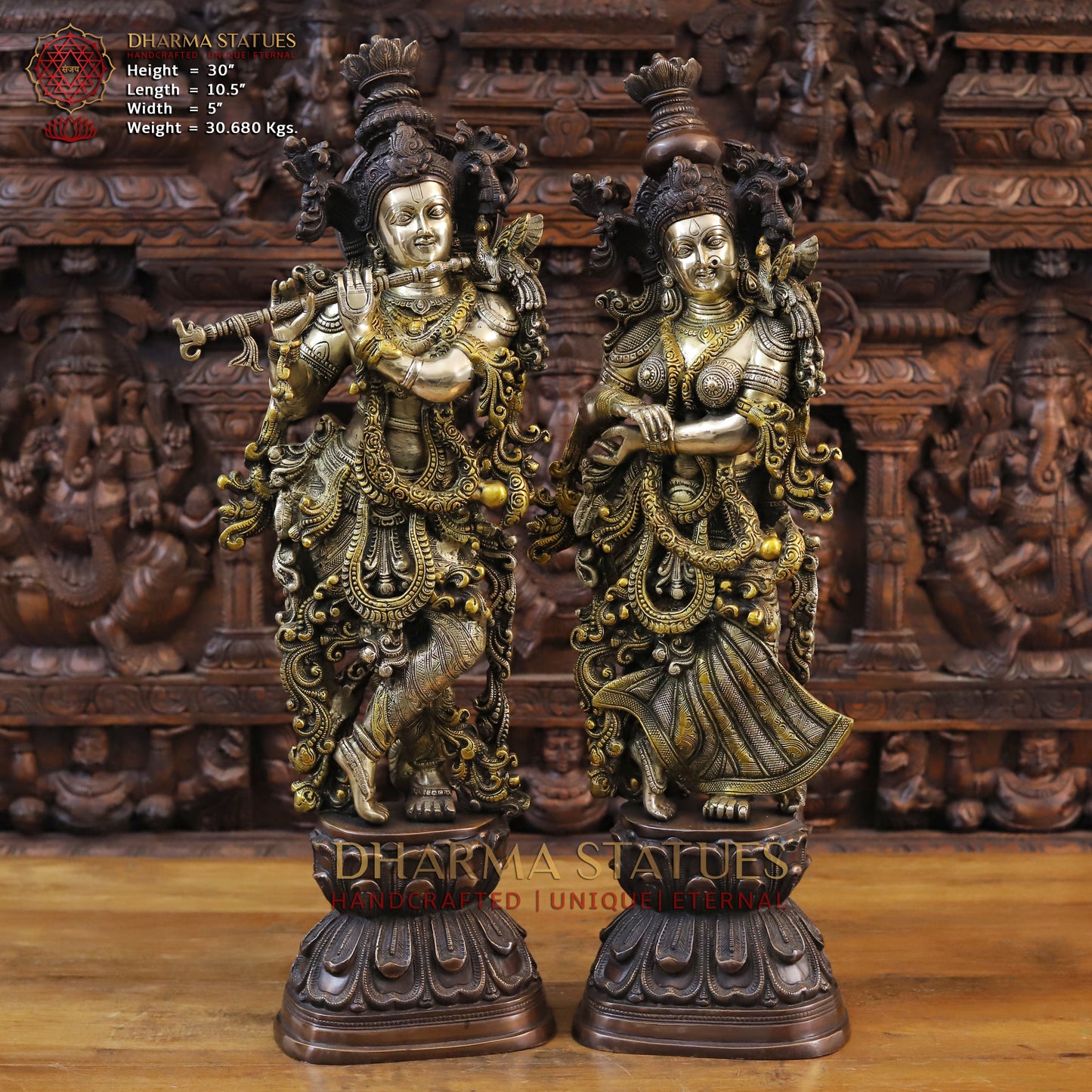 Brass Krishna Playing Flute, Golden & Copper Finish, 30"