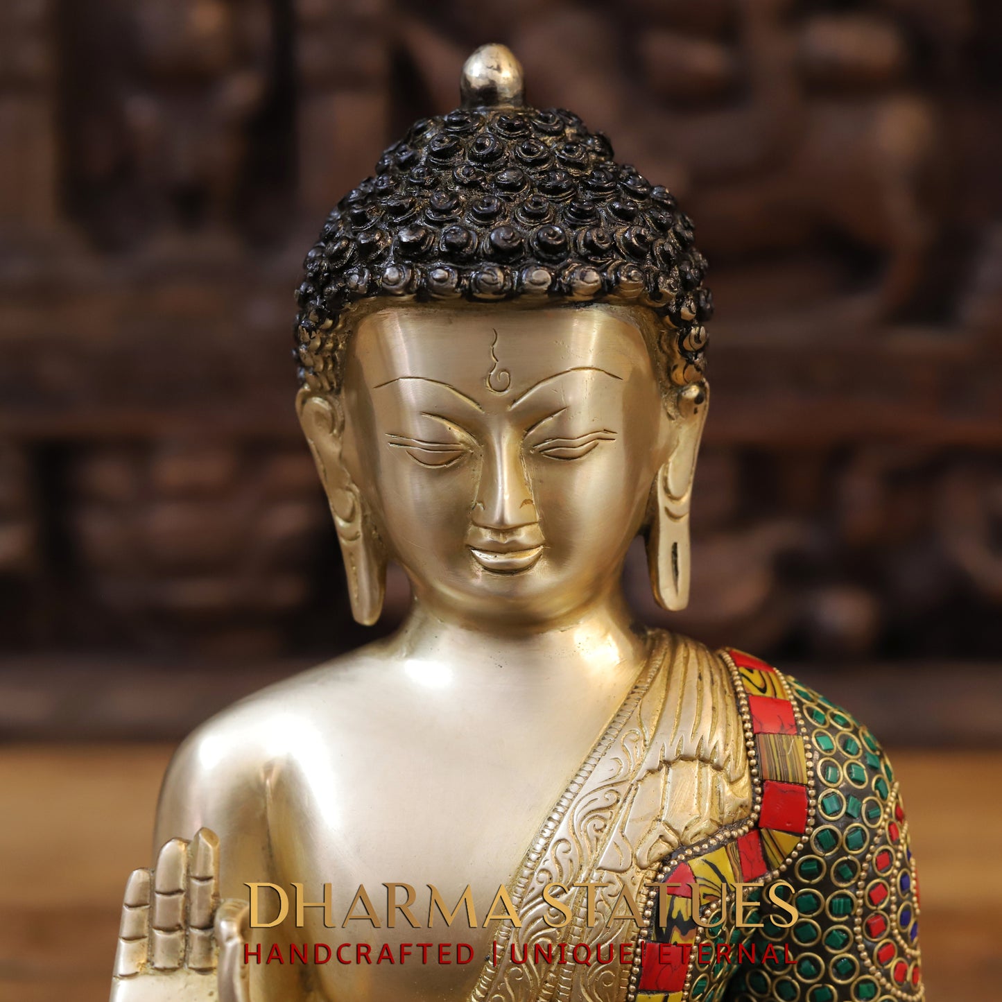 Brass Buddha seated, Blessing Position, Golden & Stonework, 12"