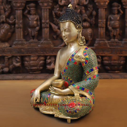 Brass Buddha seated, Blessing Position, Golden & Stonework, 16"