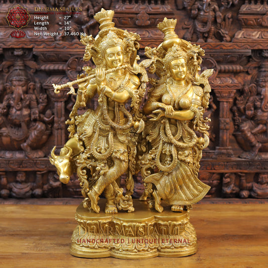 Brass Radha Krishna Standing with Cow on a Single Base, Golden Finish, 27"