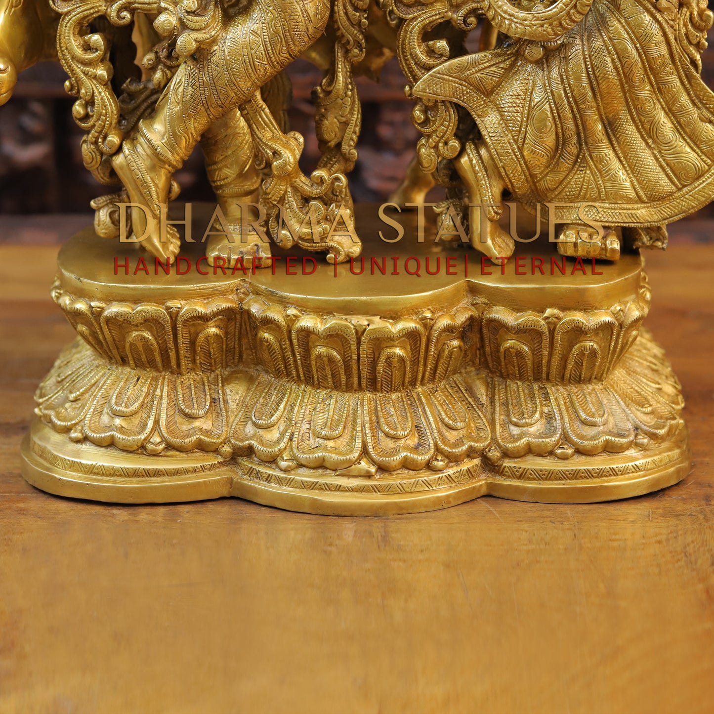 Brass Radha Krishna Standing with Cow on a Single Base, Golden Finish, 27"
