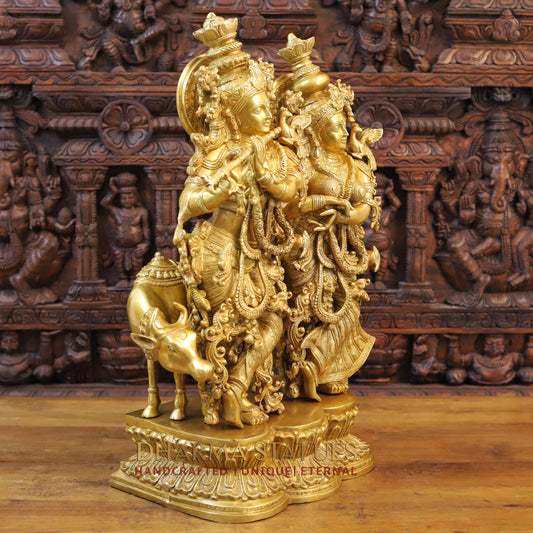 Brass Radha Krishna Standing with Cow on a Single Base, Golden Finish, 27"