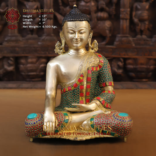 Brass Buddha seated, Bhumisparsha Mudra, Golden & Stonework, 13"