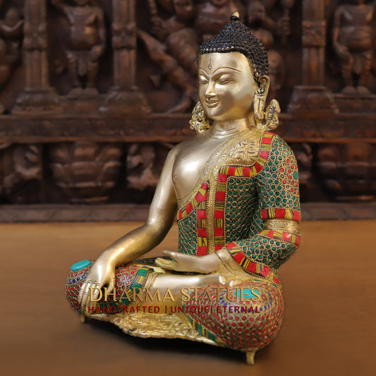 Brass Buddha seated, Bhumisparsha Mudra, Golden & Stonework, 13"