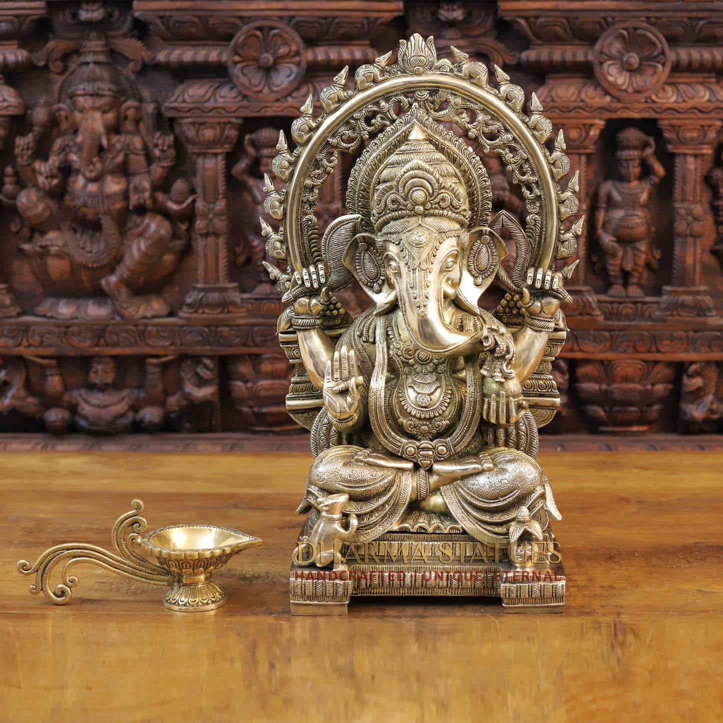 Brass Ganesh seated on Throne, Golden Finish, 21"