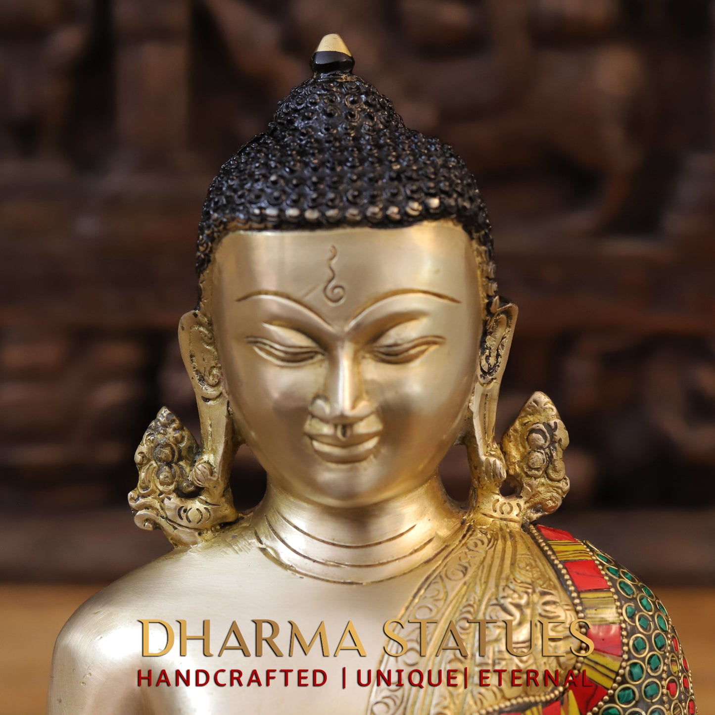 Brass Buddha seated, Bhumisparsha Mudra, Golden & Stonework, 13"