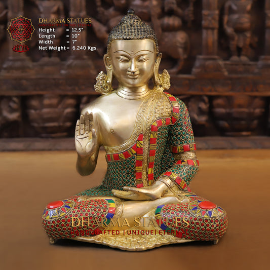 Brass Buddha seated, Blessing Position, Golden & Stonework, 12.5"