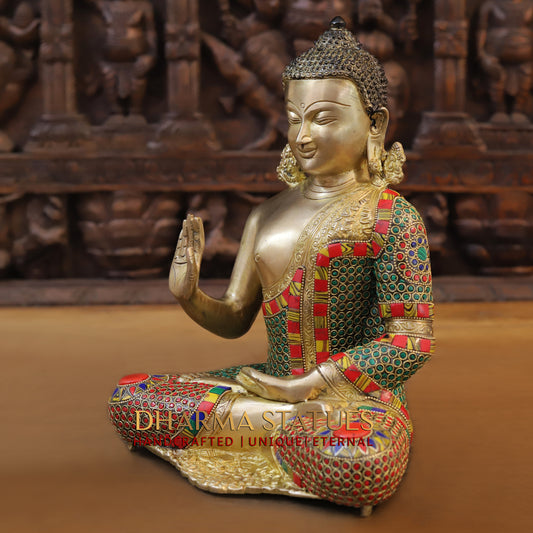 Brass Buddha seated, Blessing Position, Golden & Stonework, 12.5"