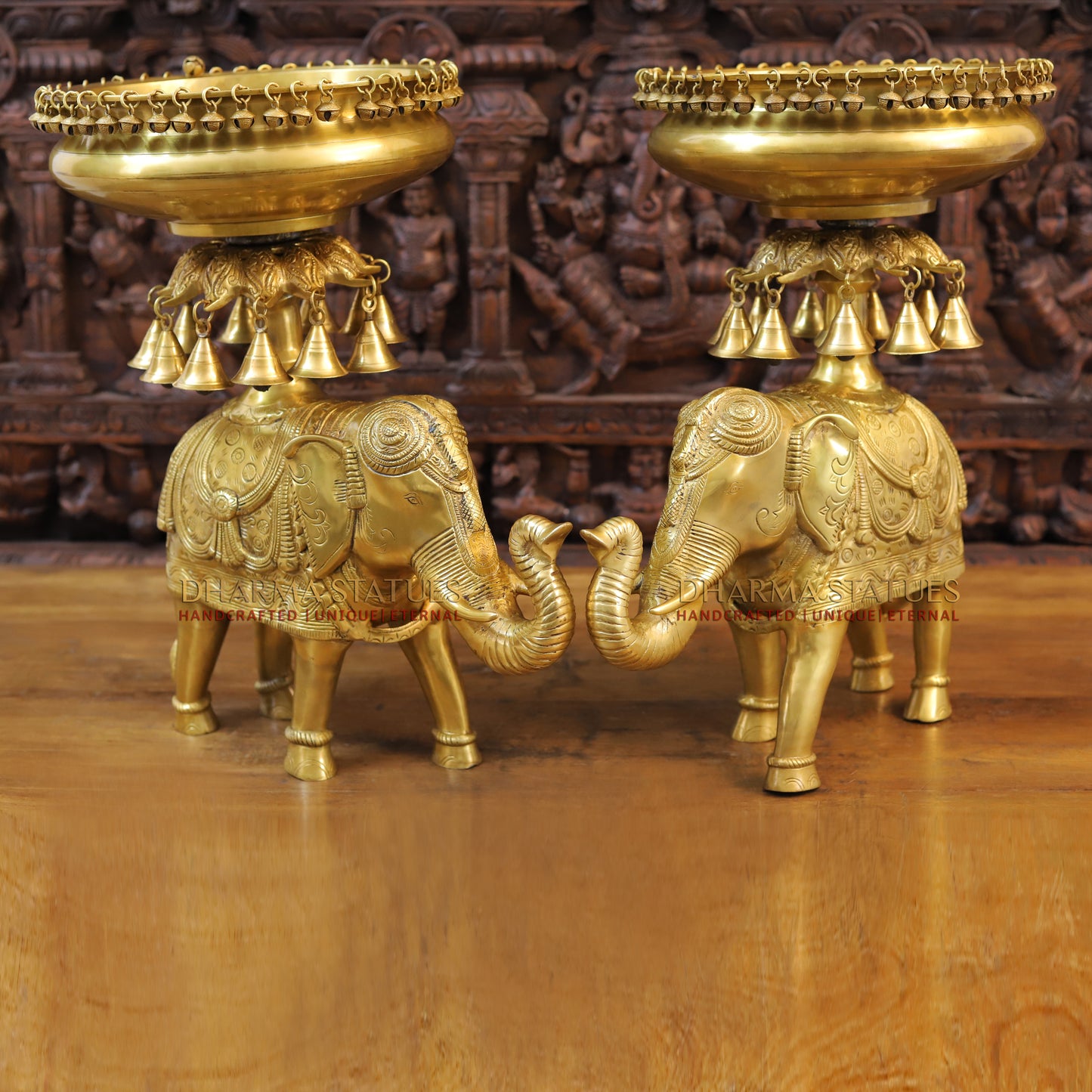 Brass Urli with Bells on Elephant, Golden Finish, 20.5"