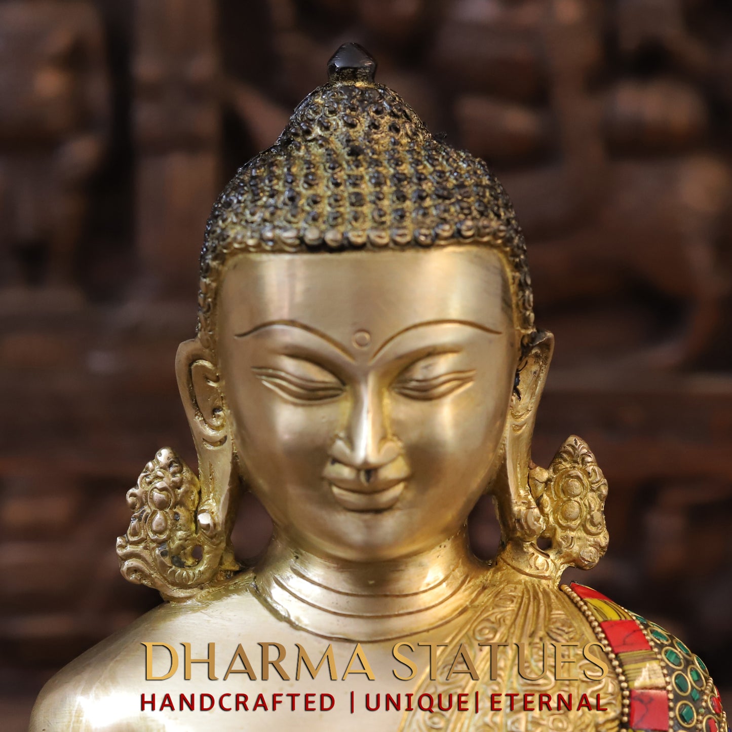 Brass Buddha seated, Blessing Position, Golden & Stonework, 12.5"