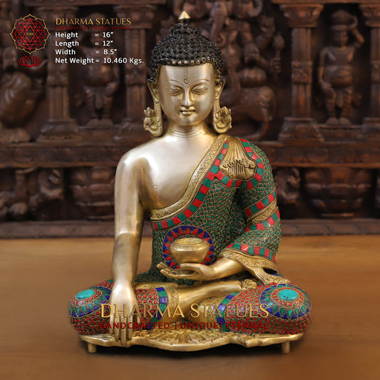 Brass Buddha seated, Bhumisparsha Mudra, Golden & Stonework, 16"