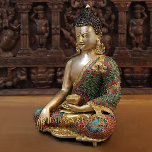 Brass Buddha seated, Bhumisparsha Mudra, Golden & Stonework, 16"
