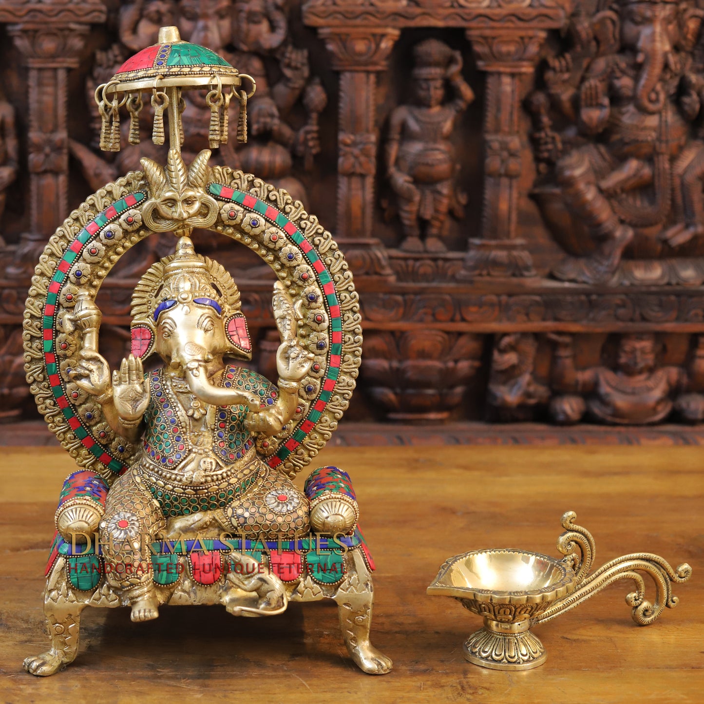 Brass Ganesh Statue, Seated on a Chowki, Fine Golden and Stone work 17.5"