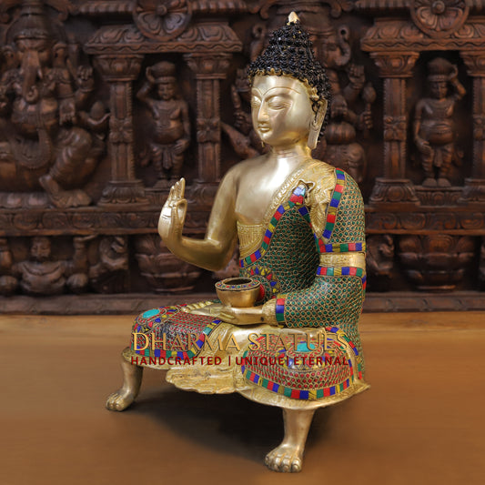 Brass Buddha seated, Abhaya Mudra, Golden & Stonework, 19.5"