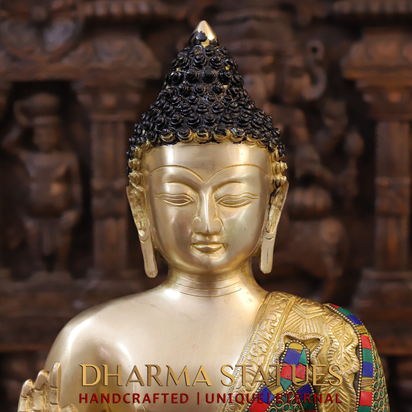 Brass Buddha seated, Abhaya Mudra, Golden & Stonework, 19.5"