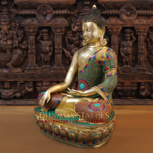 Brass Buddha seated, Bhumisparsha Mudra, Golden & Stonework, 21.5"