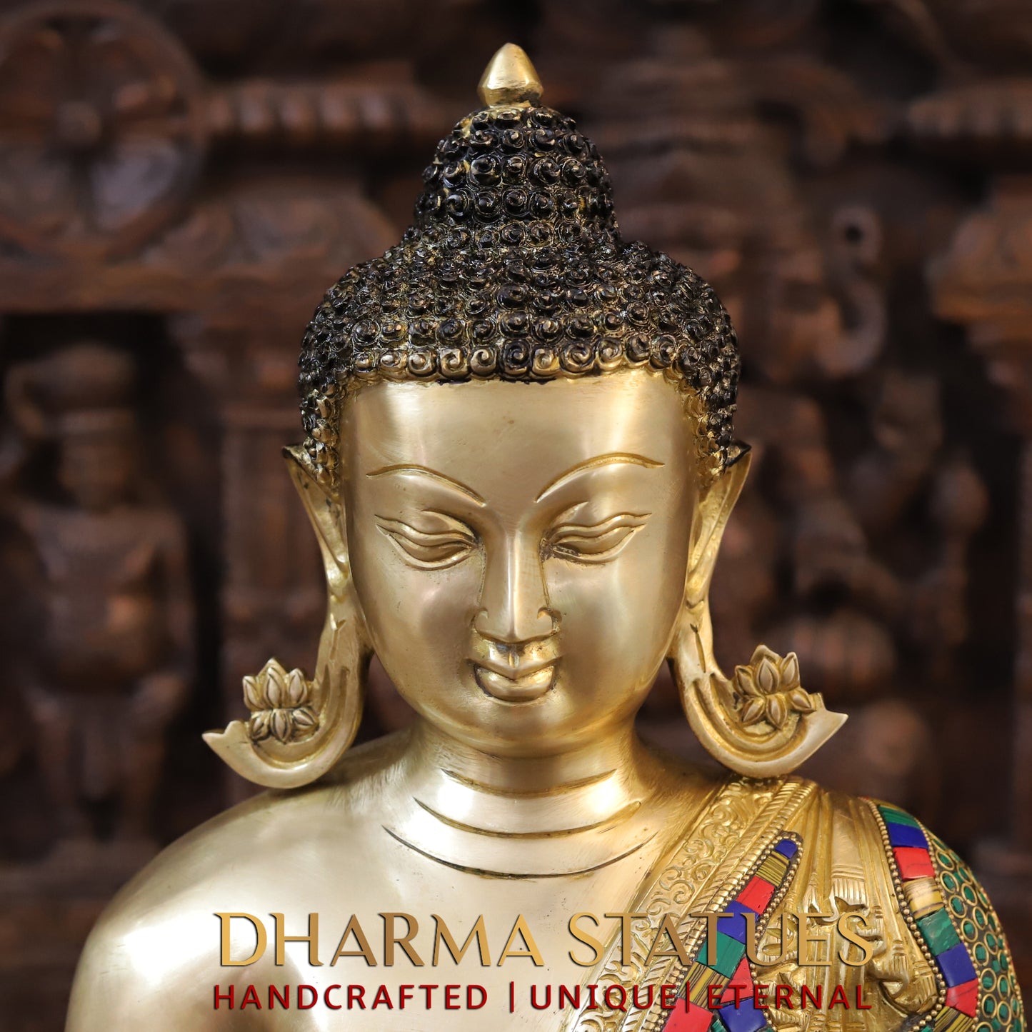 Brass Buddha seated, Bhumisparsha Mudra, Golden & Stonework, 21.5"