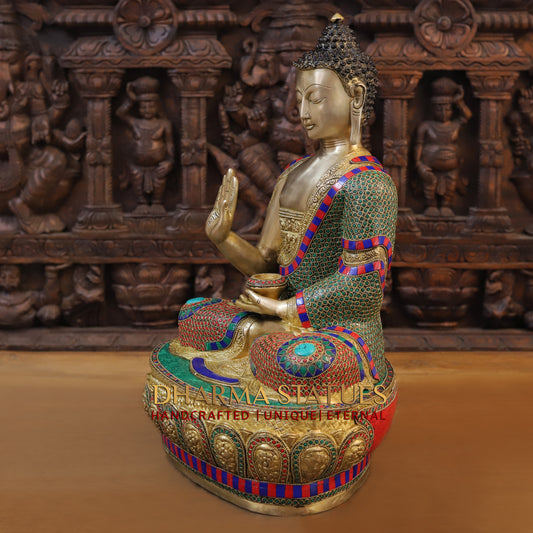 Brass Buddha seated, Blessing Position, Golden & Stonework, 21"