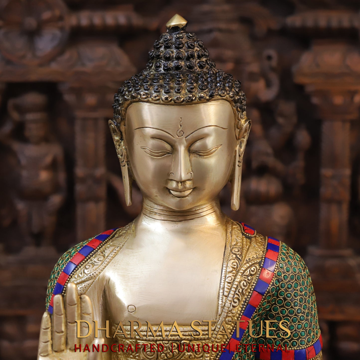 Brass Buddha seated, Blessing Position, Golden & Stonework, 21"