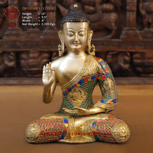 Brass Buddha seated, Blessing Position, Golden & Stonework, 12"