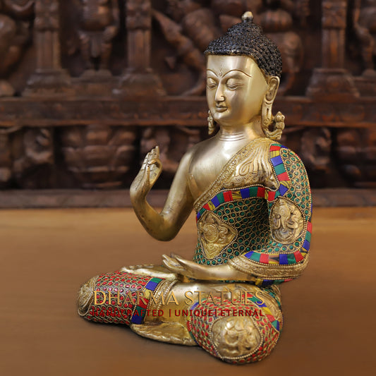 Brass Buddha seated, Blessing Position, Golden & Stonework, 12"