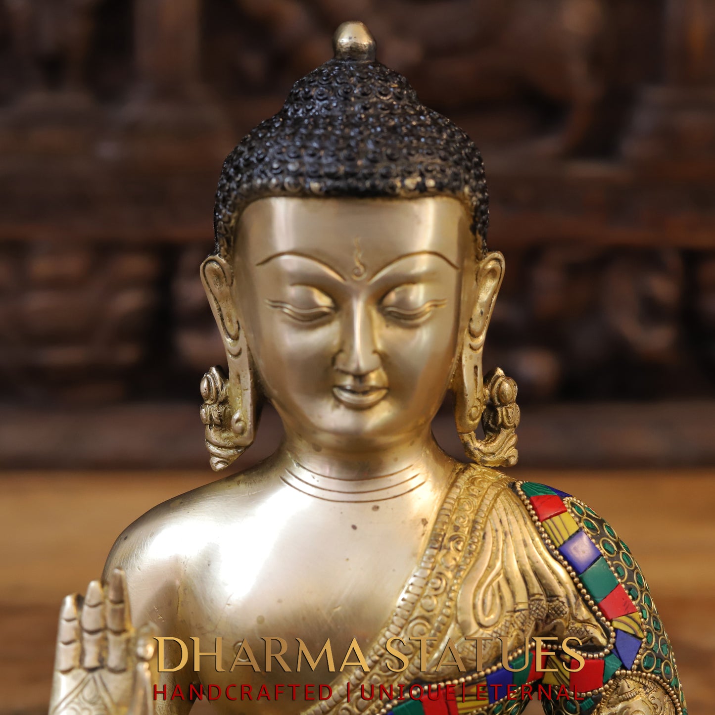 Brass Buddha seated, Blessing Position, Golden & Stonework, 12"