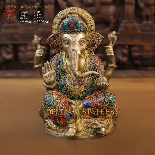 Brass Ganesh seated on Base, Blessing Position, Golden & Stonework, 11"