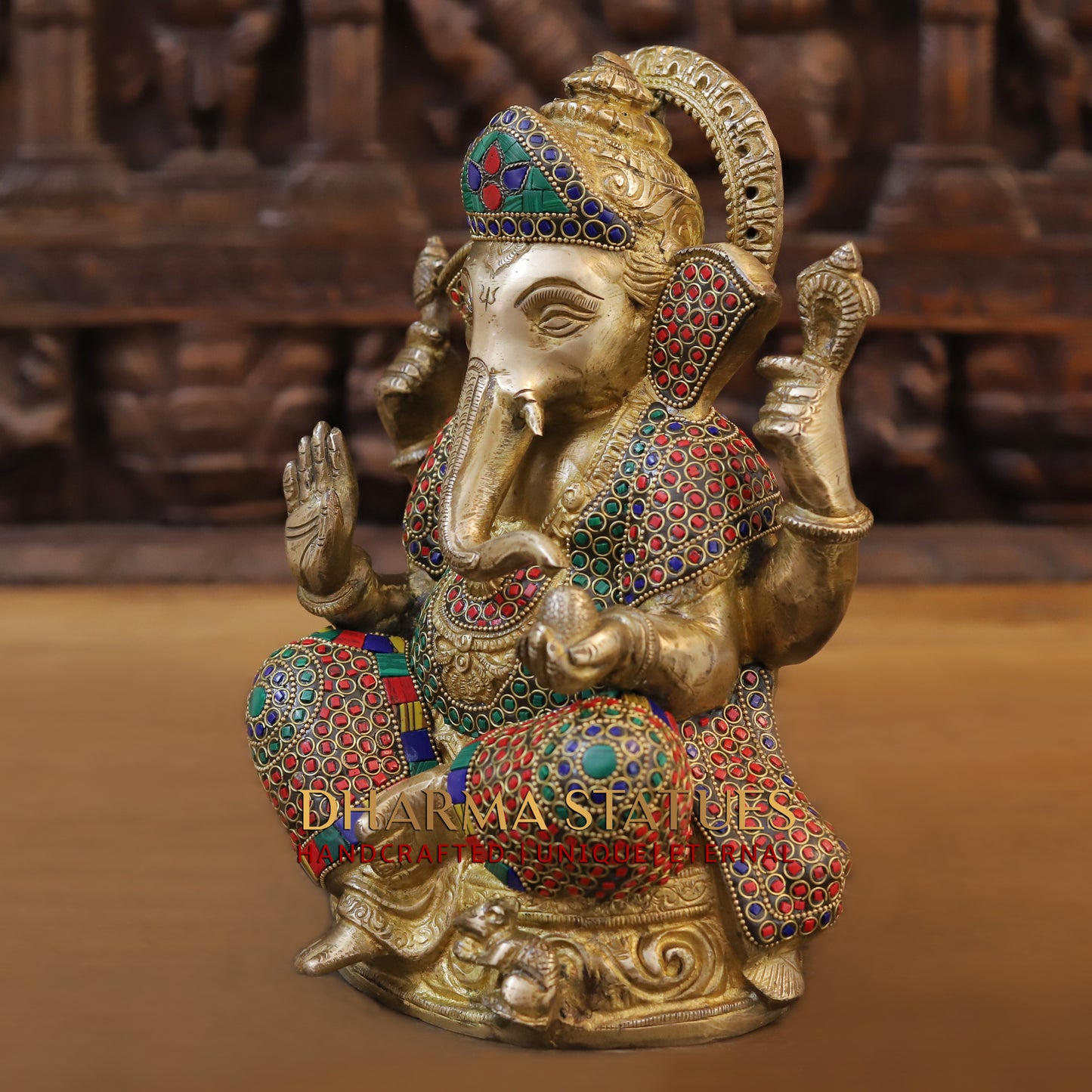 Brass Ganesh seated on Base, Blessing Position, Golden & Stonework, 11"