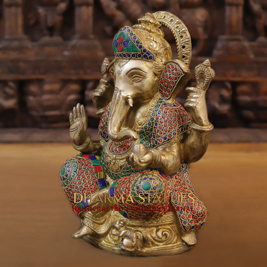 Brass Ganesh seated on Base, Blessing Position, Golden & Stonework, 11"
