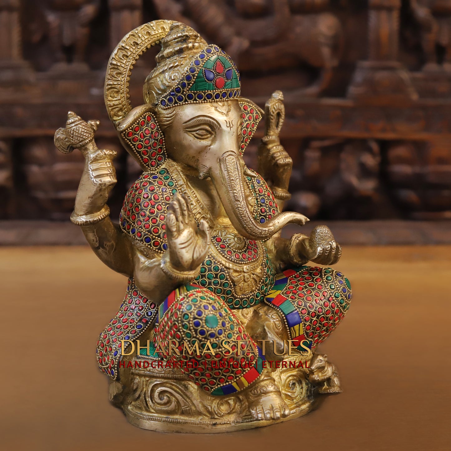 Brass Ganesh seated on Base, Blessing Position, Golden & Stonework, 11"