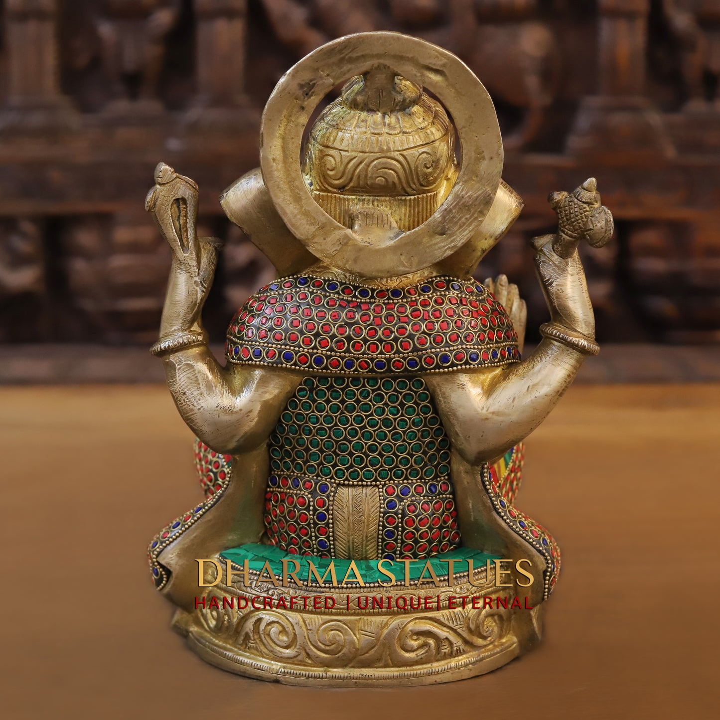 Brass Ganesh seated on Base, Blessing Position, Golden & Stonework, 11"