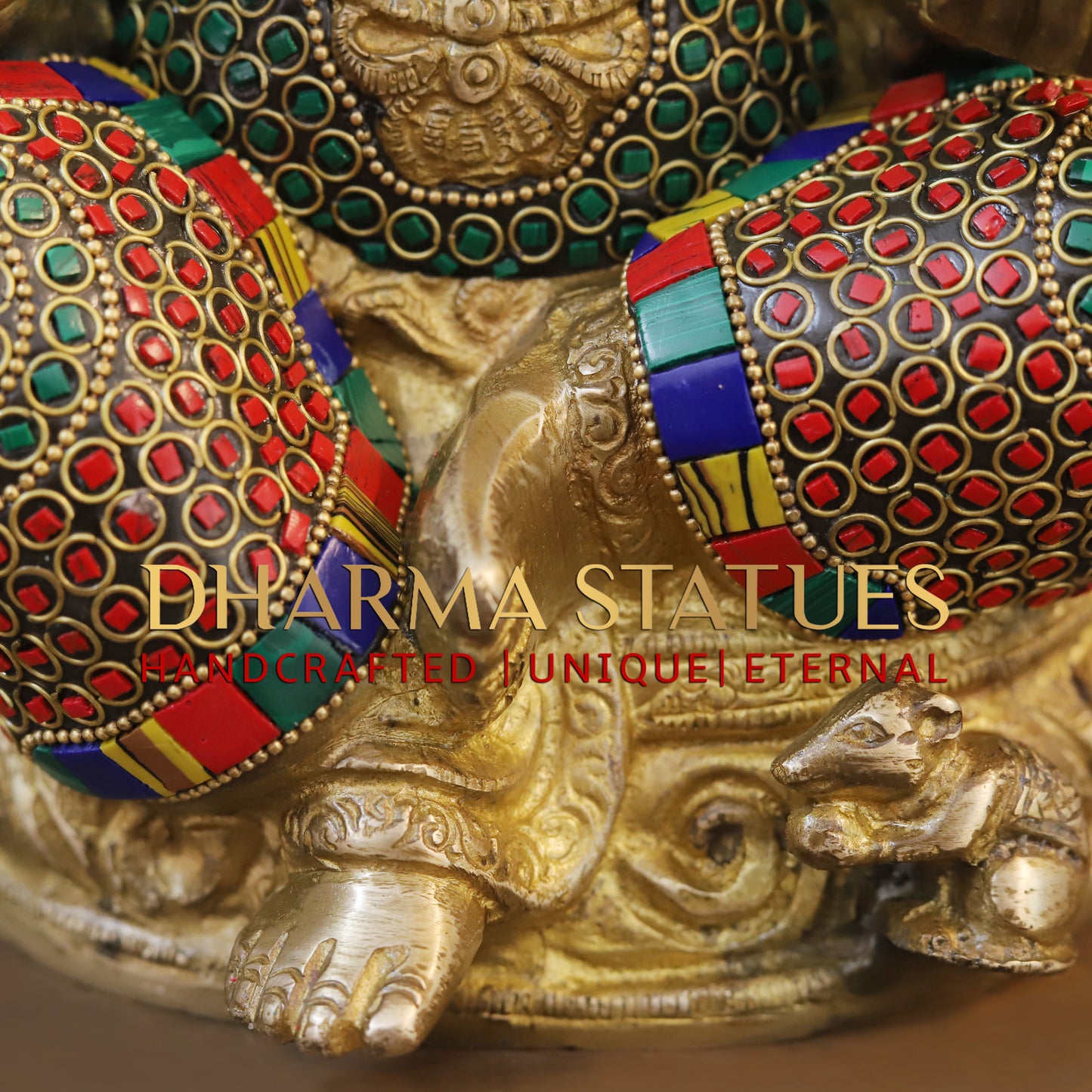 Brass Ganesh seated on Base, Blessing Position, Golden & Stonework, 11"