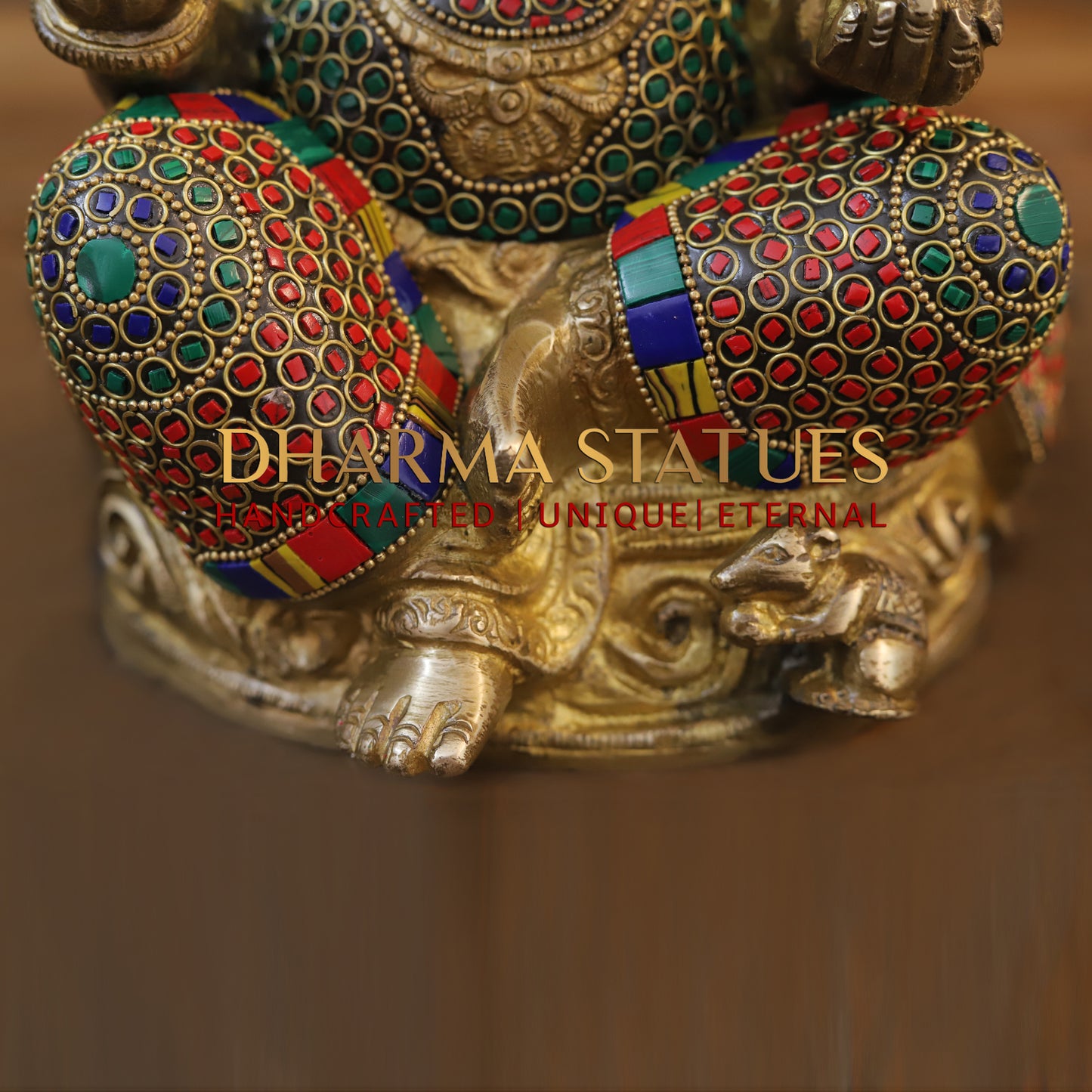 Brass Ganesh seated on Base, Blessing Position, Golden & Stonework, 11"