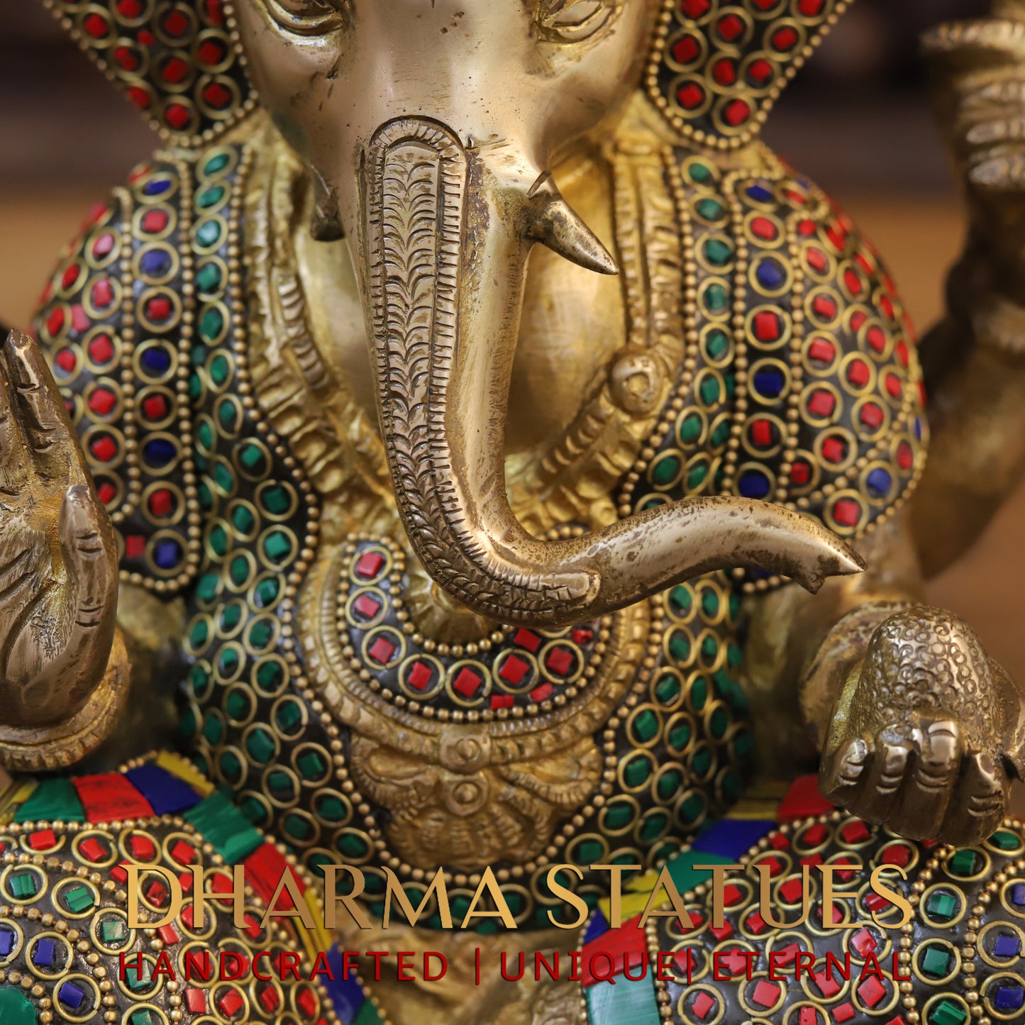 Brass Ganesh seated on Base, Blessing Position, Golden & Stonework, 11"