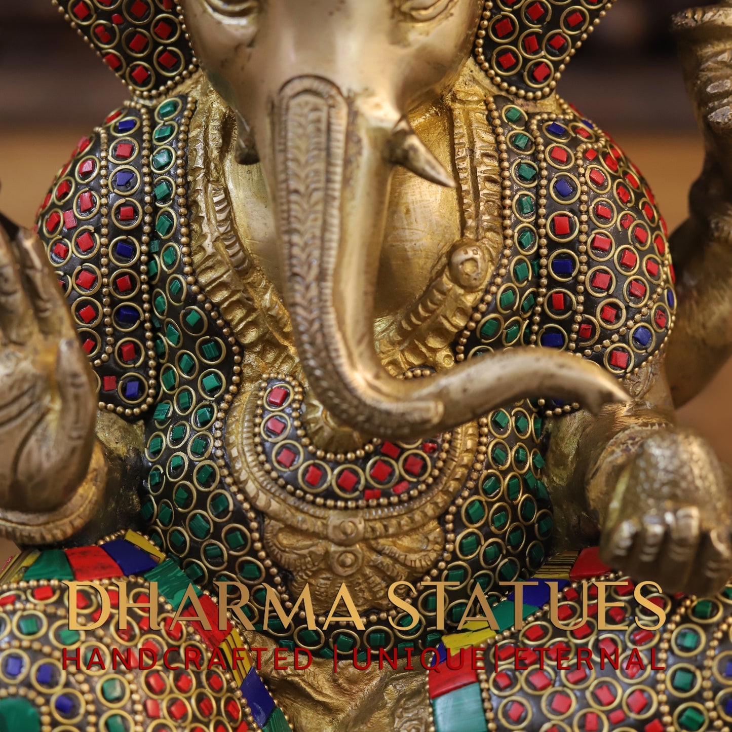 Brass Ganesh seated on Base, Blessing Position, Golden & Stonework, 11"