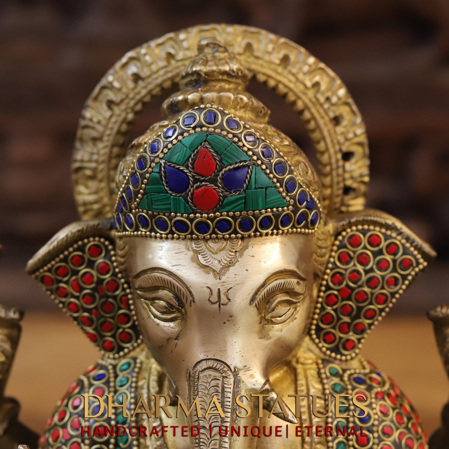 Brass Ganesh seated on Base, Blessing Position, Golden & Stonework, 11"