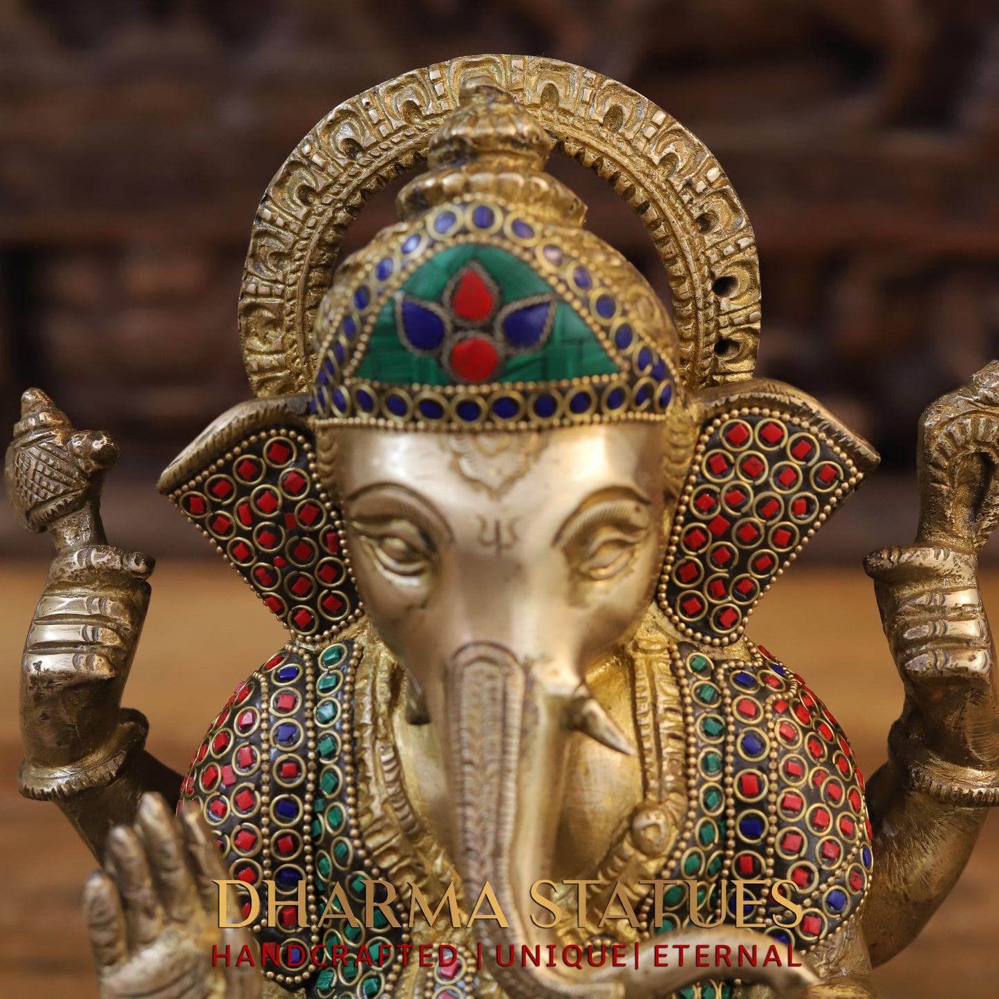 Brass Ganesh seated on Base, Blessing Position, Golden & Stonework, 11"