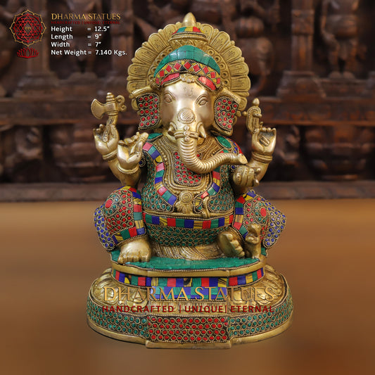 Brass Ganesh seated with Rat, Golden & Stonework, 12.5"