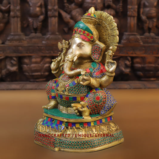 Brass Ganesh seated with Rat, Golden & Stonework, 12.5"