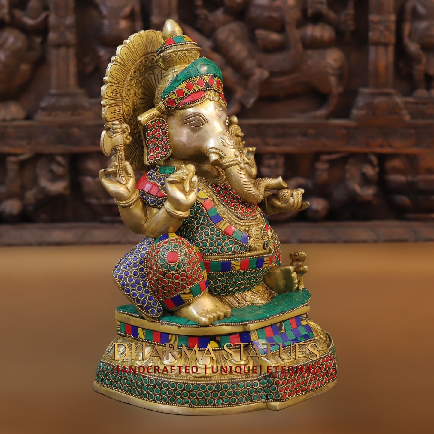 Brass Ganesh seated with Rat, Golden & Stonework, 12.5"